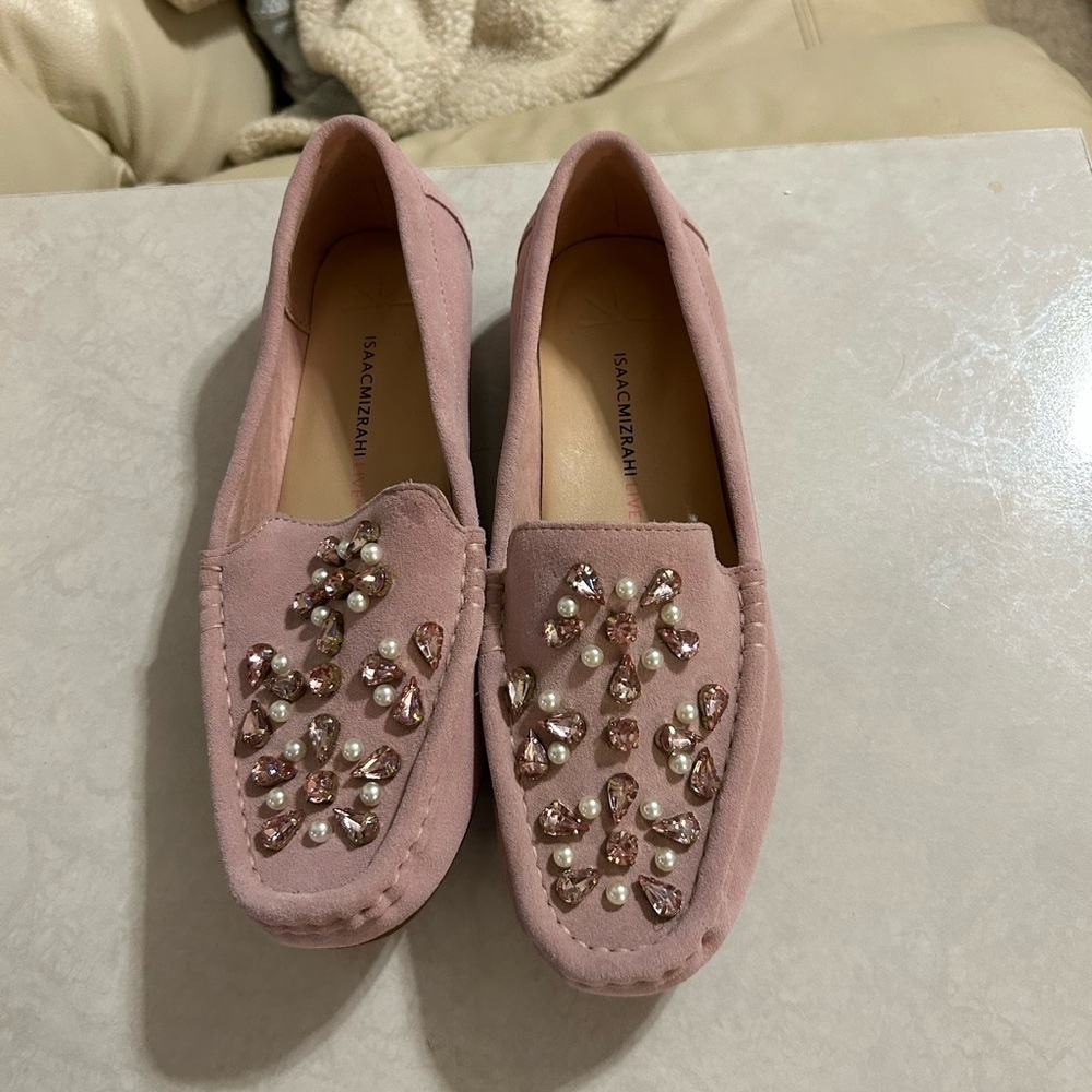 Isaac Mizrahi pink moccasins with jewels